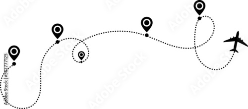 Airplane path in a dotted line shape. Red Airplane line routes set. Aircraft tracking. Plan path with location pin. location pins isolated on white background