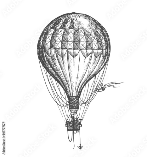 Aerostat sketch. Retro hot air balloon hand drawn drawing in vintage engraving style. Vector illustration