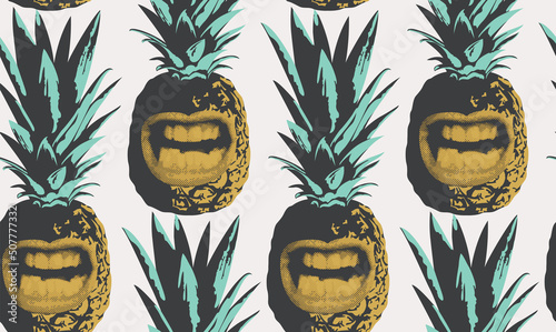 Abstract seamless pattern consisting of smiling pineapples. Decorative vector background with ripe grimasing pineapples. Suitable for wallpaper, wrapping paper, textile, fabric, party fruit design