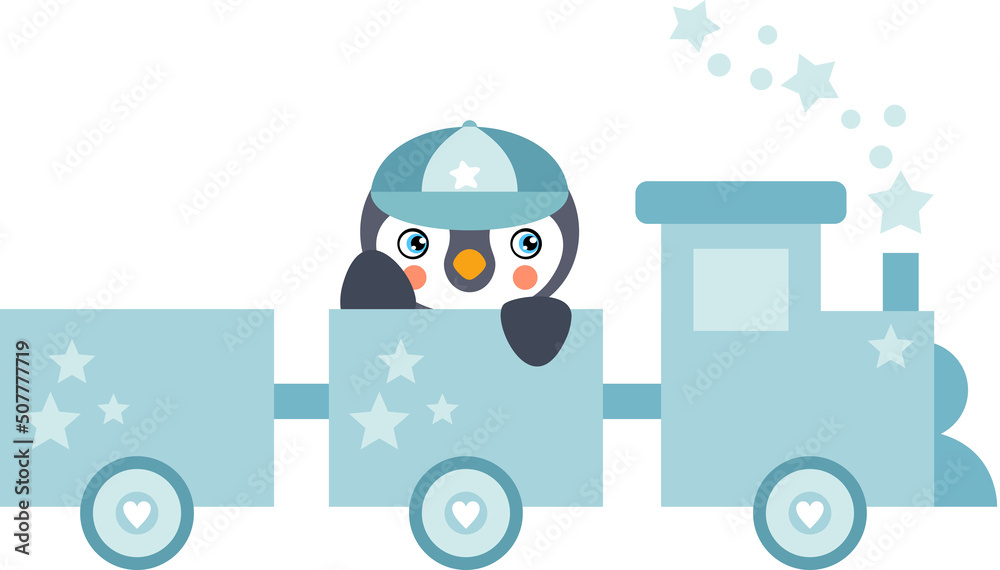 Cute baby boy penguin on blue toy train
