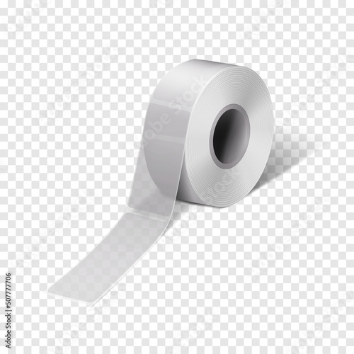 Clear rectangular label sticker roll on transparent background vector mock-up. Blank adhesive labels on bobbin realistic mockup