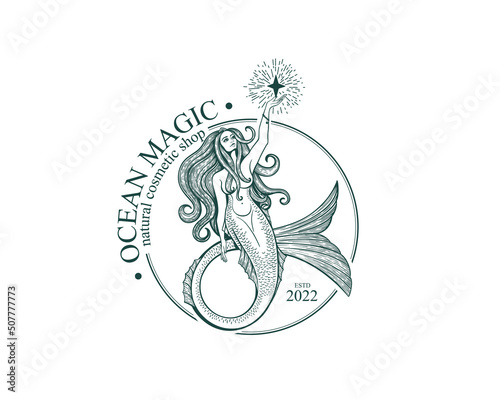 Mermaid logo. Brand template vector illustration. Siren and marine girl with a tail. Vintage Hand drawn vector illustration for logo and poster