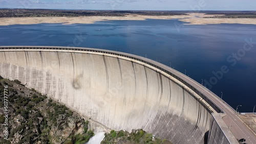 Bird's eye view of Almendra Dam in Salamanca, Spain. Villarino Dam interrupts course of Tormes River. photo