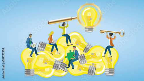 Teamwork to find the best idea and development. Grooup of businessperson with different tools. Teamwork. Vector illustration. Dimension 16:9. photo