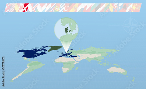 Denmark member of North Atlantic Alliance selected on perspective World Map. Flags of 30 members of alliance.