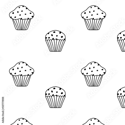 Seamless pattern with cupcakes.Doodle style. Pattern with muffins in doodle style.Vector illustration.