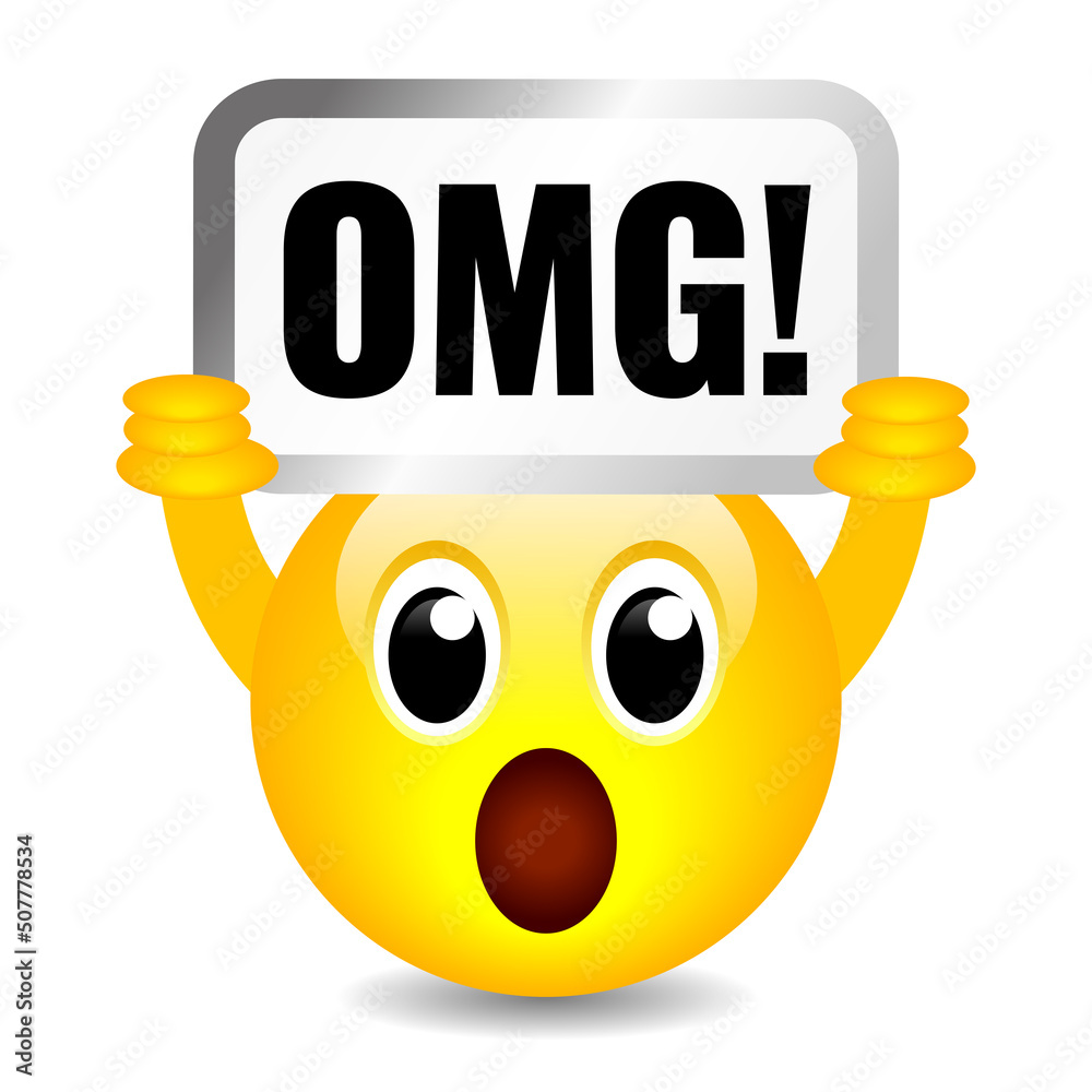 Surprised emoji cartoon with OMG sign, Oh My God