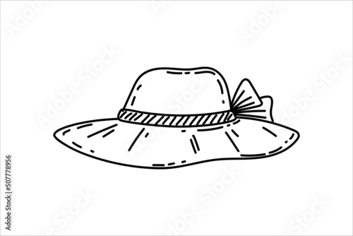 Summer beach straw hat. An elegant women's accessory. Vintage vector illustration hand drawn in sketch style. Black contour drawing isolated on a white background