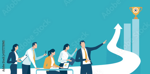 A way to the goal. The business team discusses the plan achieving a target. Vector illustration.