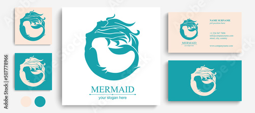 Mermaid logo. Brand template vector illustration. Siren and marine girl with a tail. Hand drawn vector illustration for logo and poster
