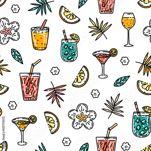 Summer seamless pattern with hand drawn in sketch style alcohol cocktails. Vintage vector backdrop with drinks, flowers and lemons on white background for textile, wrapping paper, menu