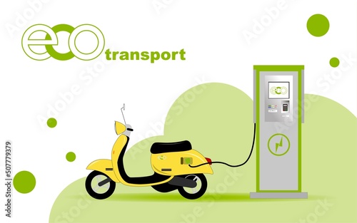 An electric scooter at a charging station recharges batteries. The concept of eco-urban transport. Flat vector illustration.