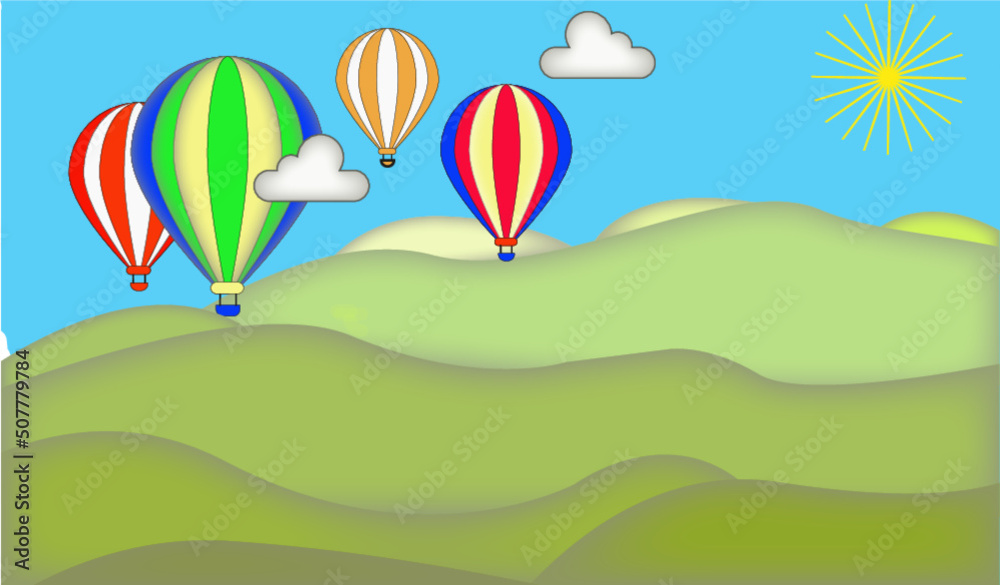Montgolfières colorées et nuages sur fond de collines