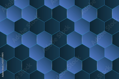 Abstract 2D top view dark blue holographic gradient honeycomb mosaic background. Geometric hexagon cells texture illustration