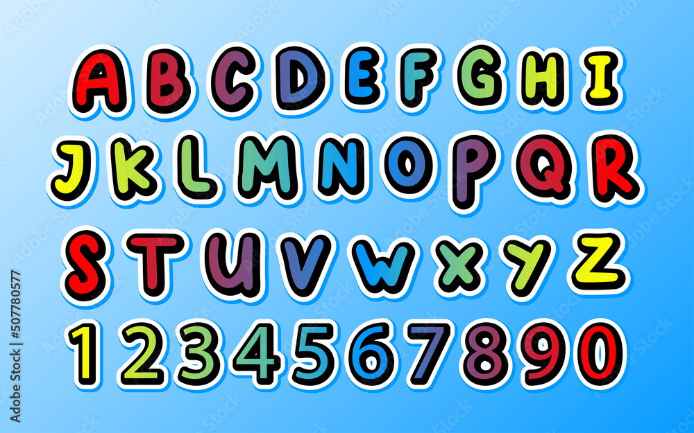 Alphabet letters and numbers in style of colorful comics
