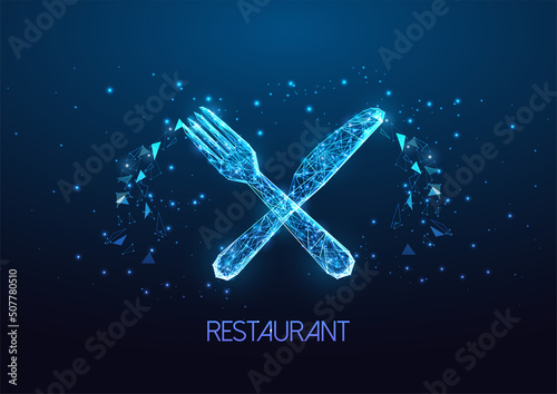 Futuristic restaurant menu, banquet concept with glowing low polygonal cutlery, silverware on blue