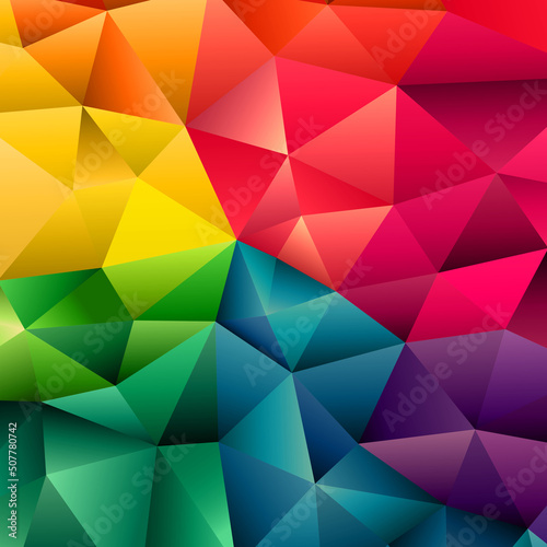 Polygonal rainbow mosaic background. Abstract low poly vector illustration. Triangular pattern, copy space. Template geometric business design with triangle for poster, banner, card, flyer