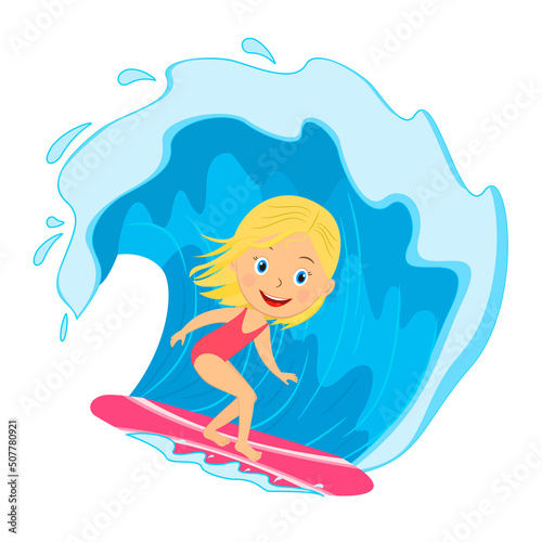 Young girl surfing on the wave