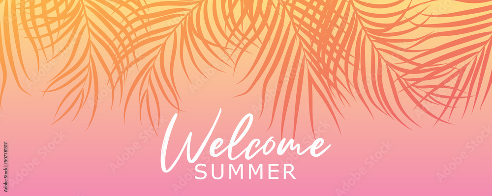 Abstract summer banner design with tropical leaves background