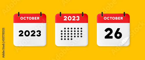 Calendar set icon. Calendar on a yellow background with twenty six october, 2023, 26 number text. Reminder. Date management concept. Vector line icon for Business and Advertising