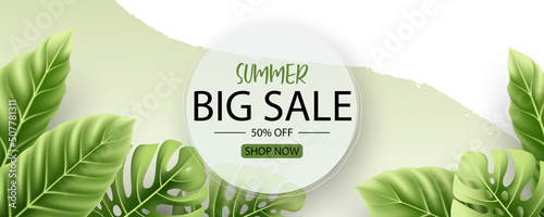 Summer sale banner design with tropical leaves background