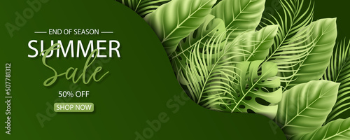 Summer sale banner design with tropical leaves background