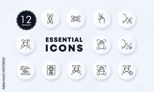 Identification set icon. Biometrics, fingerprint recognition, voice recognition, nfs, foreign passport, etc. Authentication concept. Neomorphism style. Vector line icon for Business and Advertising