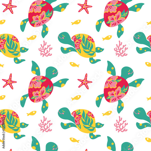 Sea turtles. Marine life. Kids illustration. Seamless pattern for fabric, wrapping, textile, wallpaper, clothes. Vector. © Ekaterina