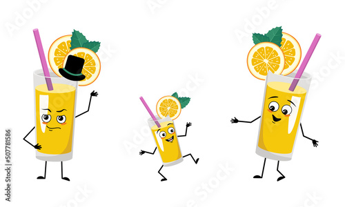 Family of orange smoothie character with happy emotions and poses, smile face, eyes, arms and legs. Mom is happy, dad is wearing hat and child with dancing pose. Vector flat illustration