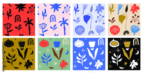 Abstract set of scandinavian floral seamless pattern, hand drawn flower shapes background