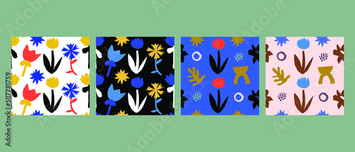 Abstract set of scandinavian floral seamless pattern, hand drawn flower shapes background