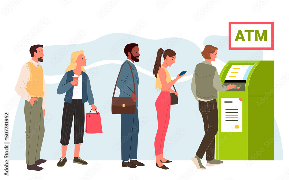 People stand in long queue to ATM, side view vector illustration