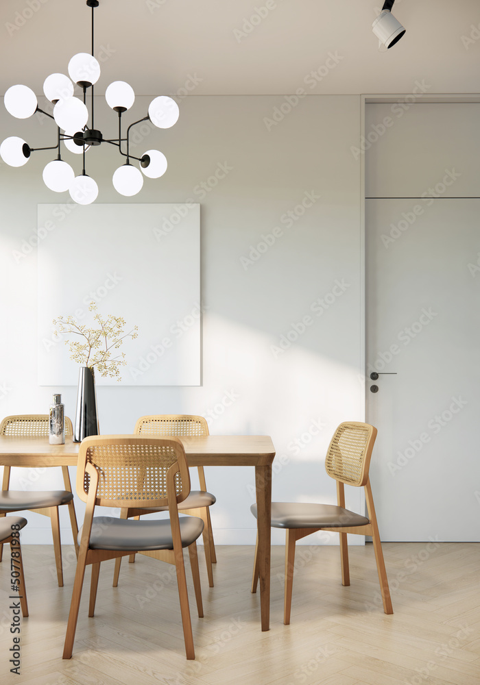 Fototapeta premium japandi modern scandinavian style apartment interior design, white dining room ideas, 3d background 