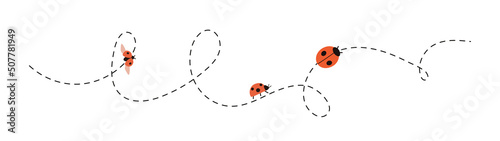 Cartoon ladybugs fly and crawl along the dotted line. Dotted line flying insects. Vector illustration of a red bug with wings, top and side. Hand drawn red spotted bug isolated.