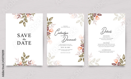 Elegant three sided wedding invitation template with watercolor floral