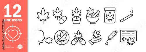 Medicine set icon. Hemp, cannabis, marijuana, injection, smoking, pills, prescription, tobacco, medicinal drugs, relaxation. Drugs concept. Vector line icon for Business and Advertising