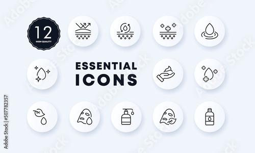Skin hydration set icon. Moisturizing, mask, cream, pore cleaning, acne protection, sanitation, etc. Personal care concept. Neomorphism style. Vector line icon for Business and Advertising
