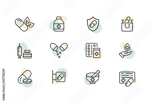 Medicine set icon. Hemp, cannabis, marijuana, injection, smoking, pills, pharmacy, capsules, tobacco, medicinal drugs, relaxation. Drugs concept. Vector line icon for Business and Advertising photo