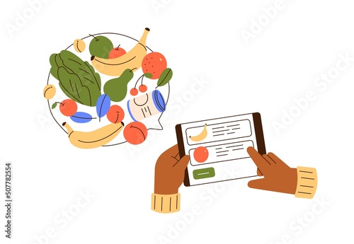 Buying, ordering groceries via internet. Hands with tablet PC screen choosing food, shopping in supermarket online through web-site. Flat graphic vector illustration isolated on white background