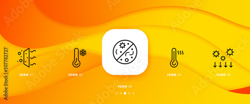 Temperature control set icon. Cleanliness, air, smell, spread of germs, down arrows, cold, warm. Atmosphere concept. Infographic timeline with icons and 5 steps Vector line icon for Business