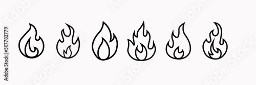Flames icons. Flame silhouettes. Black firing icons, warning symbols isolated on white. Burning vector emblems.