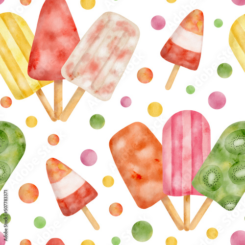 Watercolor popsicle seamless pattern. Hand painted cute colorful ice cream pops isolated on white background. Summer food repeated design. Holiday festival yummy sweets for wrapping and print. photo