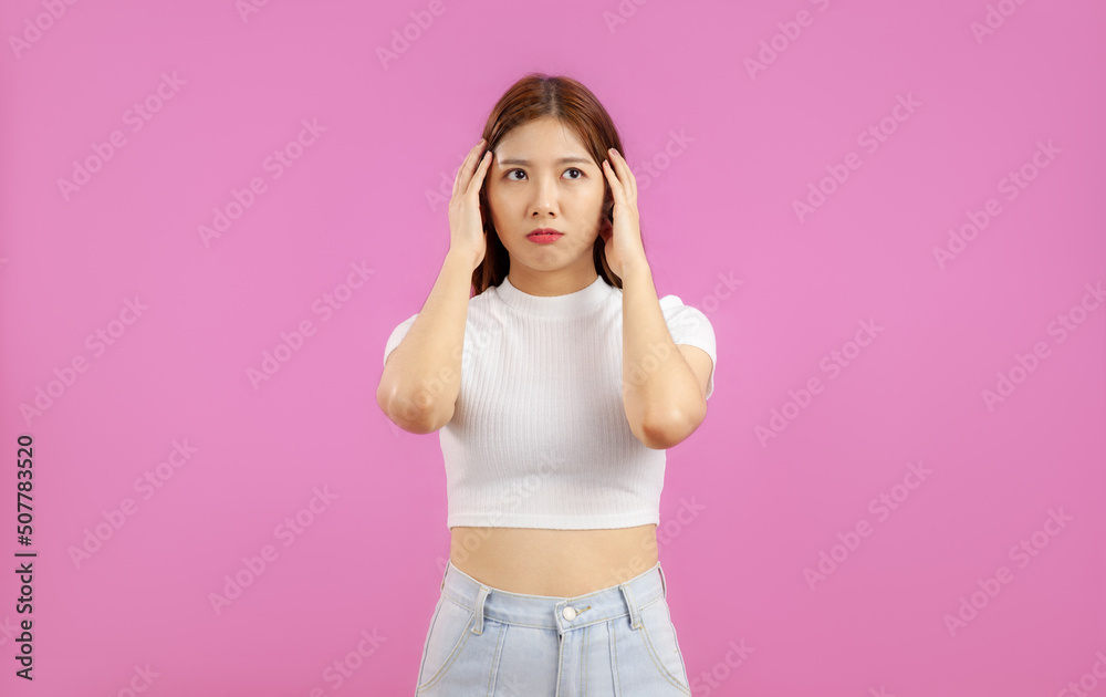 Portrait of Asian Woman thinking over isolated pink background, people emotional concept Portrait of Asian Woman thinking over isolated pink background, people emotional concept