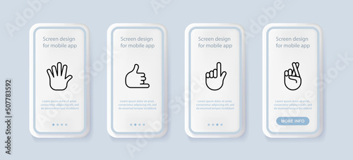 Gesture communication set icon. Sign language, fingering, wave, point, call me, cross fingers. Hands concept. UI phone app screens. Vector line icon for Business and Advertising