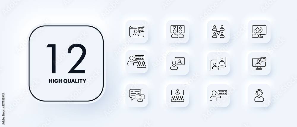 Remote work set icon. Internet, online, group, employees, communication, website, operator, call center, advice. Business concept. Neomorphism style. Vector line icon for Business and Advertising Remote work set icon. Internet, online, group, employees, communication, website, operator, call center, advice. Business concept. Neomorphism style. Vector line icon for Business and Advertising