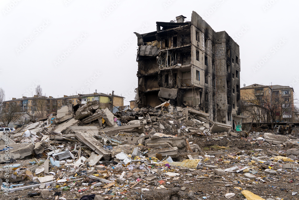 Destroyed cities of Ukraine. War of Russia against Ukraine. A burnt house after being hit by a shell and a rocket.