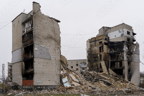 Destroyed cities of Ukraine. War of Russia against Ukraine. A burnt house after being hit by a shell and a rocket.