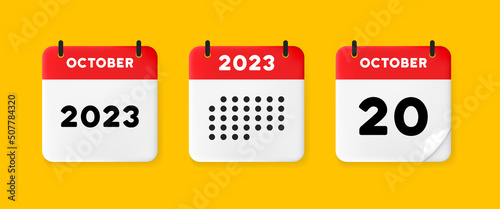 Calendar set icon. Calendar on a yellow background with twenty october, 2023, 20 number text. Reminder. Date management concept. Vector line icon for Business and Advertising