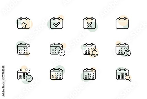 Schedule set icon. Calendar, plan, date, event, approved, rejected, assign, reminder, clock, gear, magnifier, adjust, settings. Business concept. Vector line icon for Business and Advertising