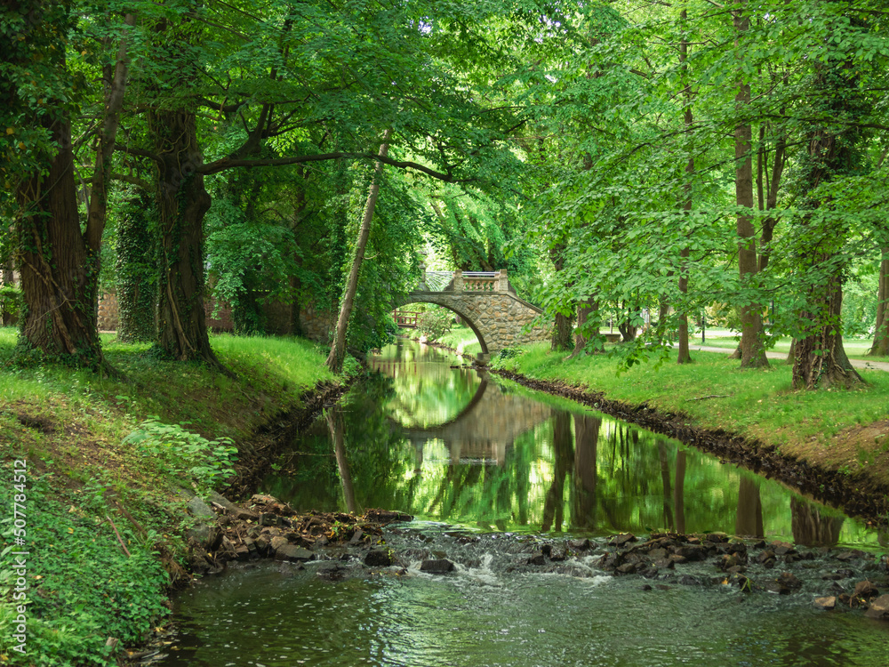 Fototapeta premium Park dworski w mieście Iłowa w Polsce. Płynąca leniwie przez park rzeka. Nad rzeką zabytkowy, kamienny mostek. Na brzegu zielona trawa, wokół drzewa.
